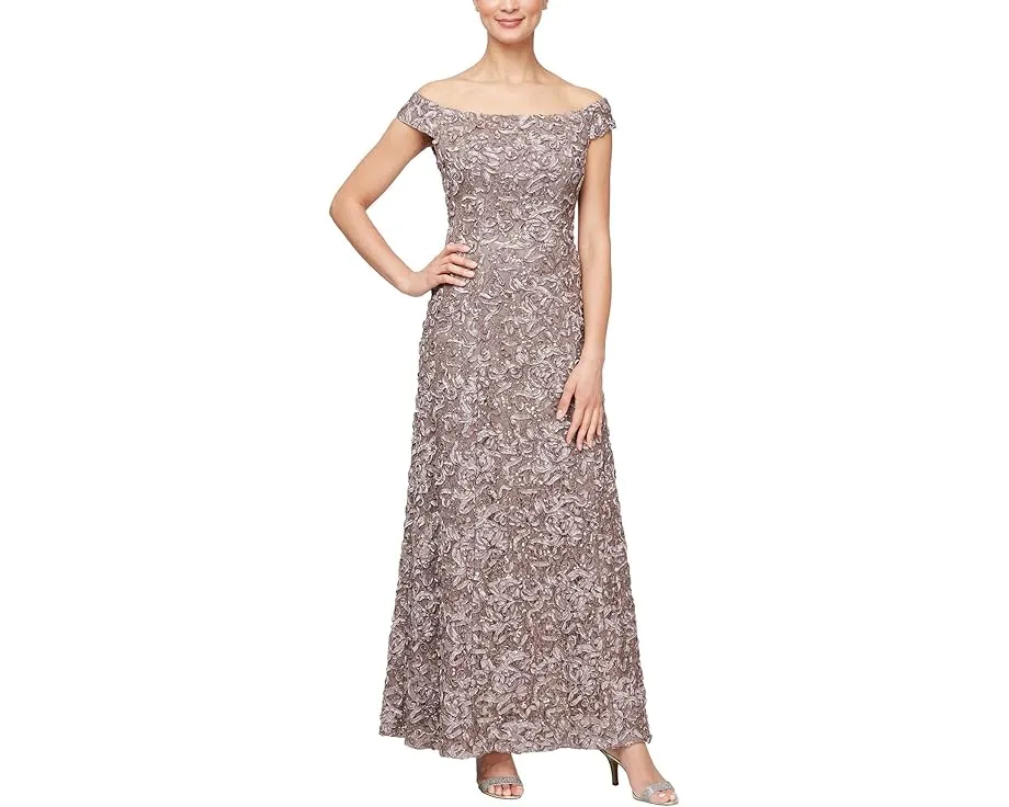 Длинное платье Alex Evenings с открытыми плечами и кружевом с сутажом