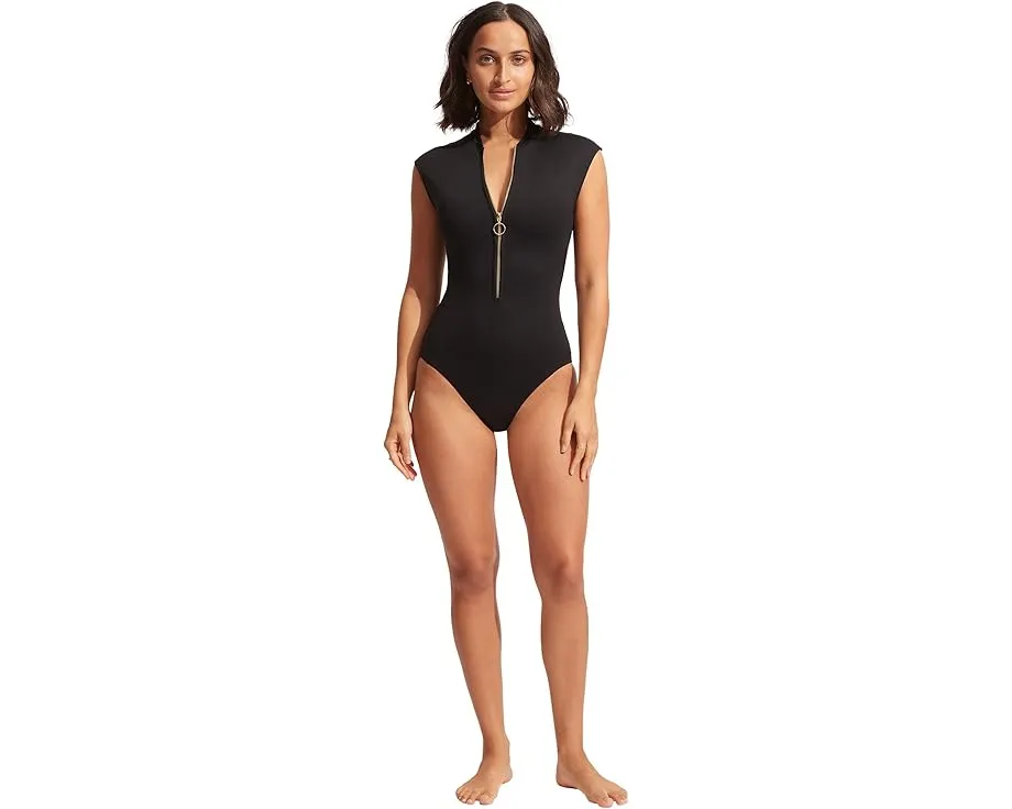 Цельный купальник Seafolly Collective с застежкой-молнией спереди и рукавами реглан