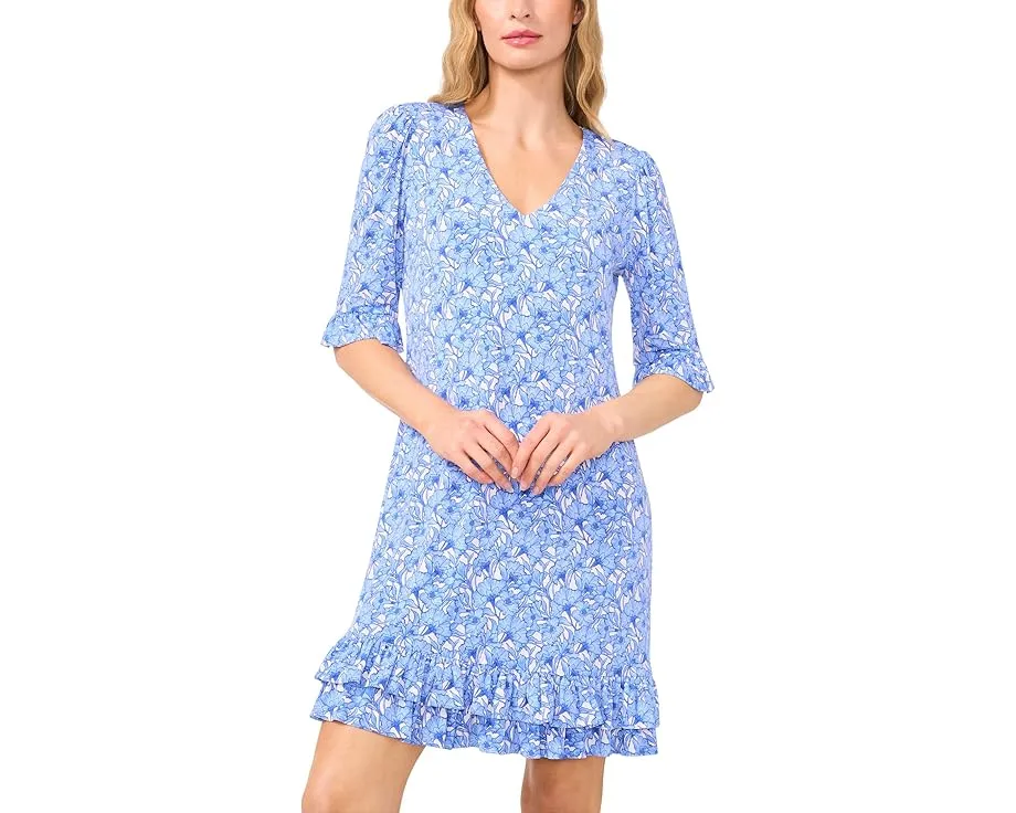 Платье CeCe с V-образным вырезом и рюшами по подолу из трикотажа