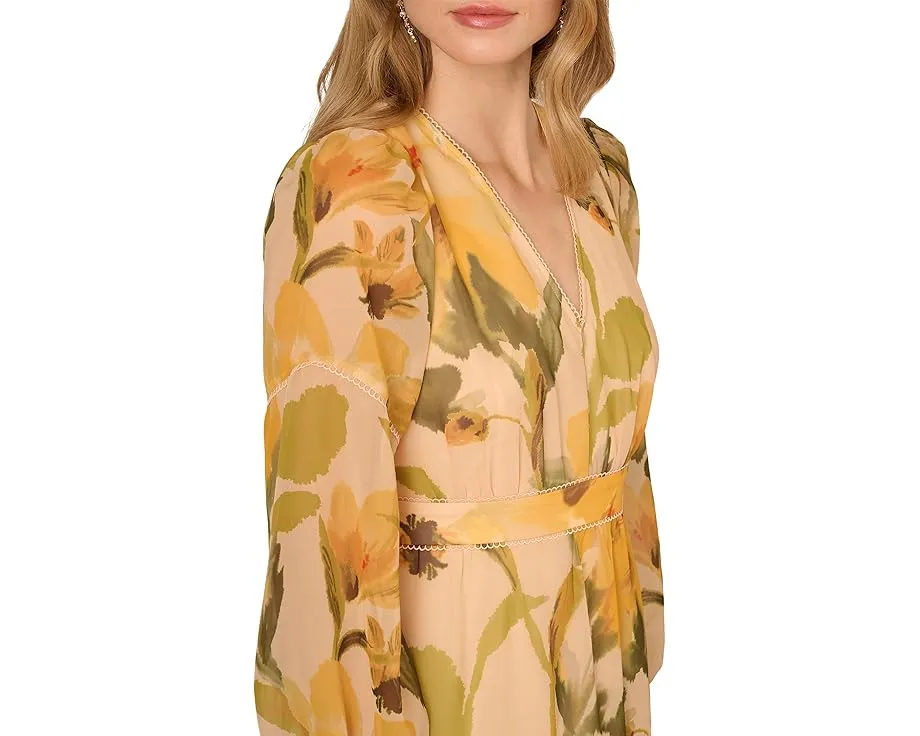 Adrianna Papell платье миди из органзы с цветочным принтом и длинными рукавами