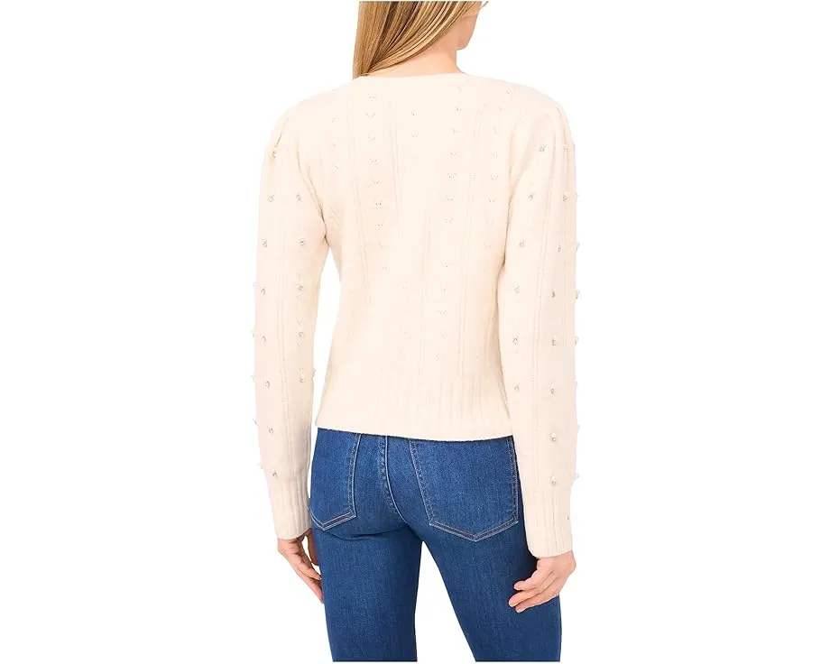 Свитер CeCe с ажурной вязкой и жемчужным декором