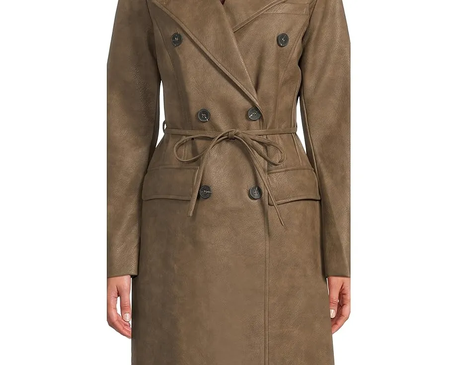 Тренч из искусственной кожи с поясом и двубортной застежкой