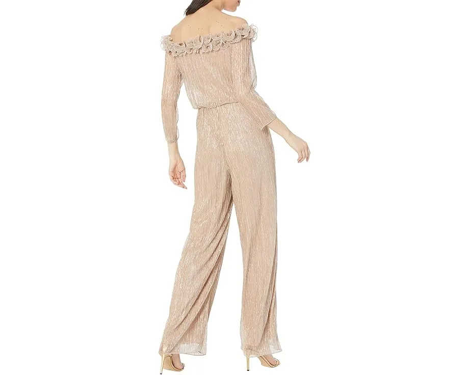 Блестящий комбинезон Metallic Rosette с рюшами на плечах и широкими брюками