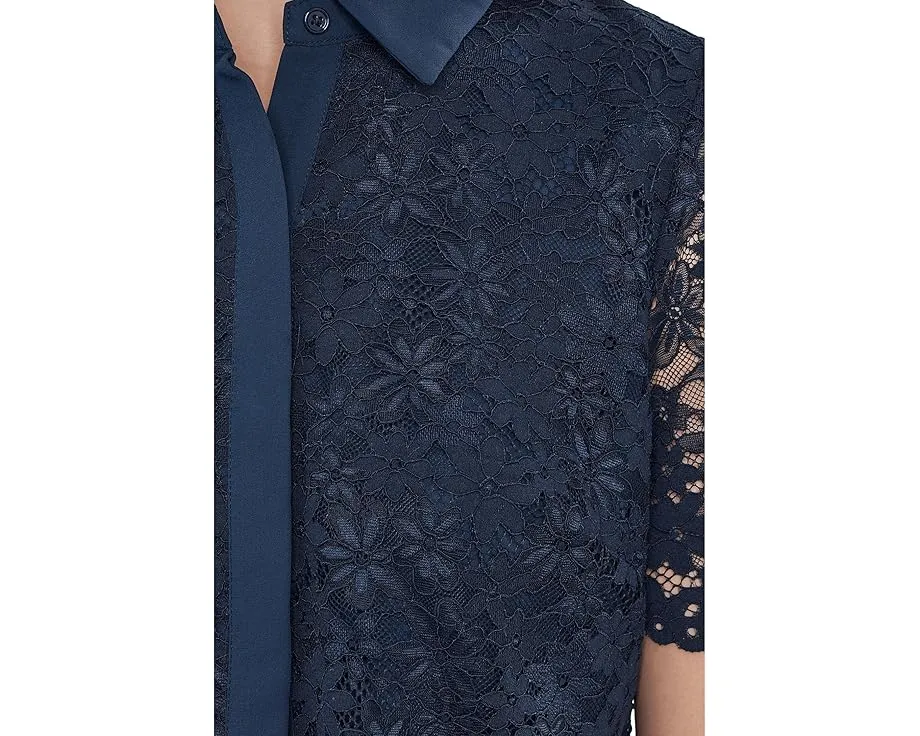 Lace Short Sleeves Hidden Placket Shirt
