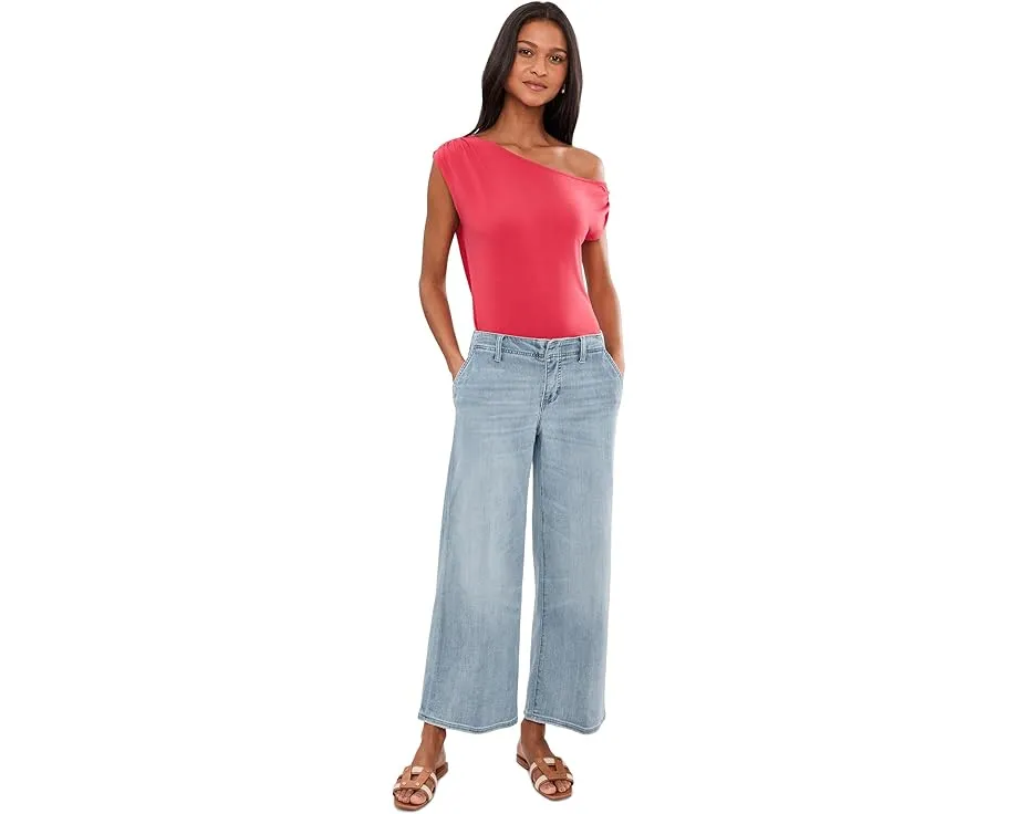 Petite Short Sleeve Asymmetric Off-Shoulder Knit Top