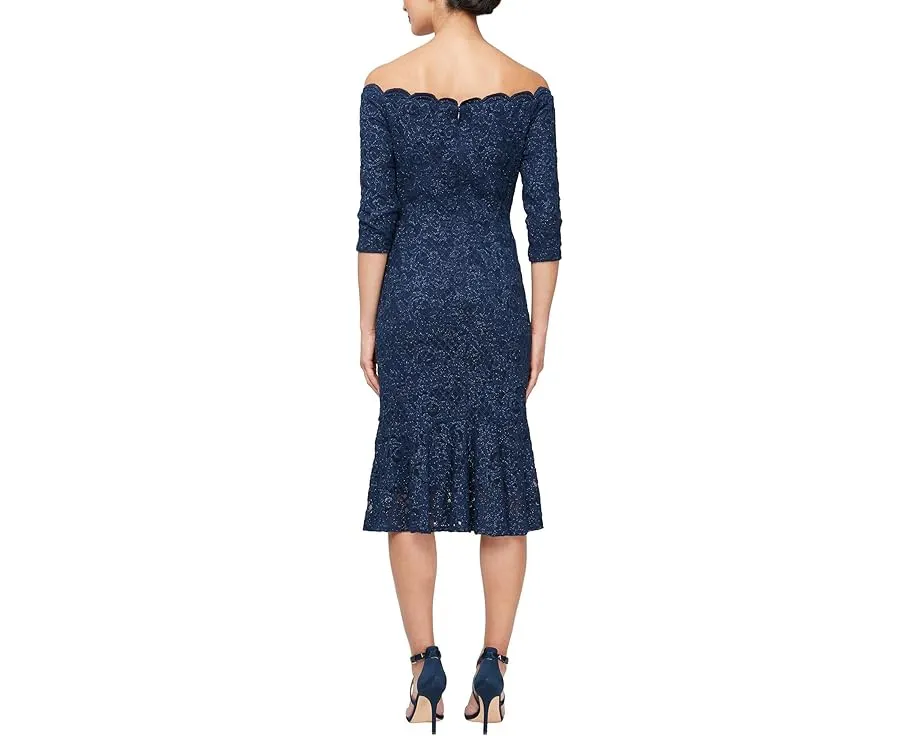 Платье Alex Evenings миди с открытыми плечами и кружевной вышивкой