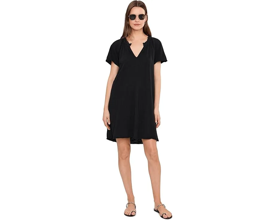 Short Sleeve Shirred Split-Neck Dress