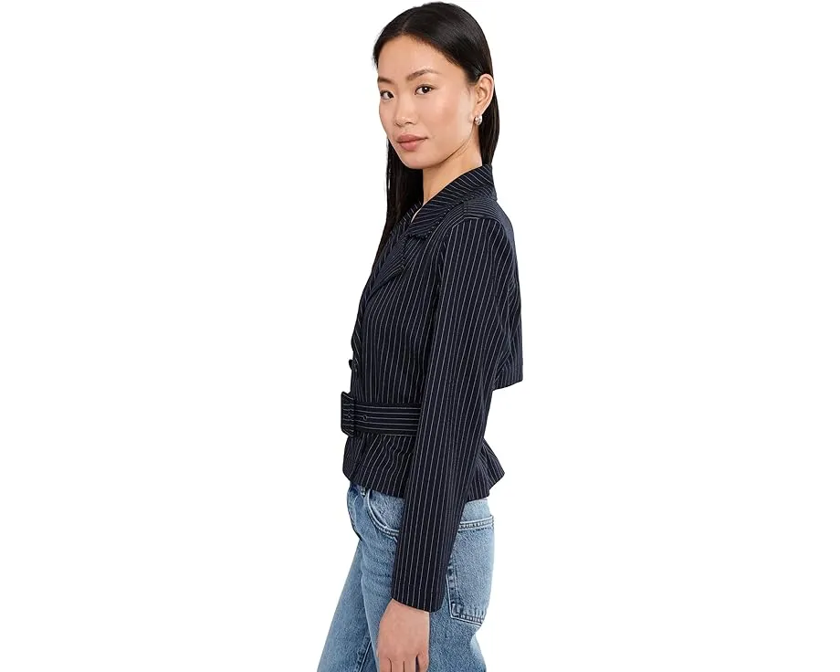 Petite Cropped Pinstripe Trench Jacket With Belt
