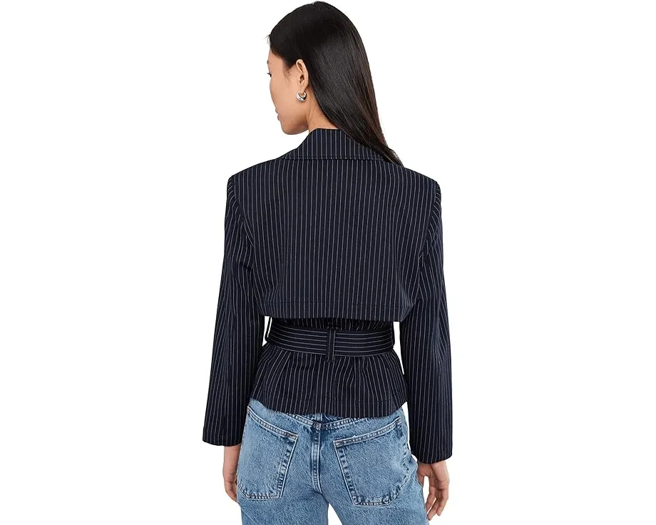 Petite Cropped Pinstripe Trench Jacket With Belt