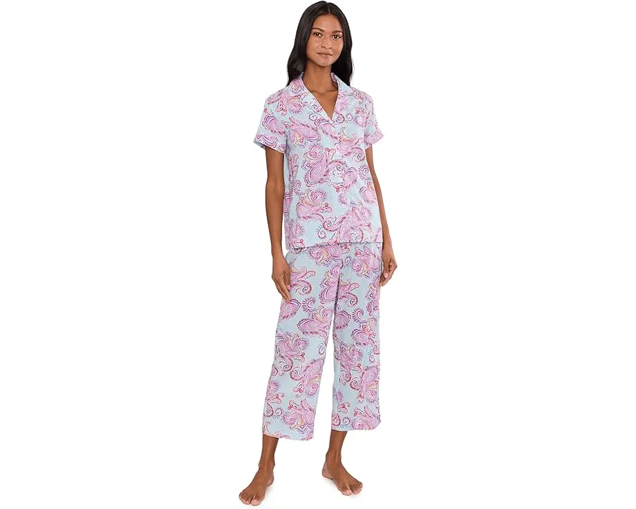 Short Sleeve Notch Collar Cropped Pants PJ Set