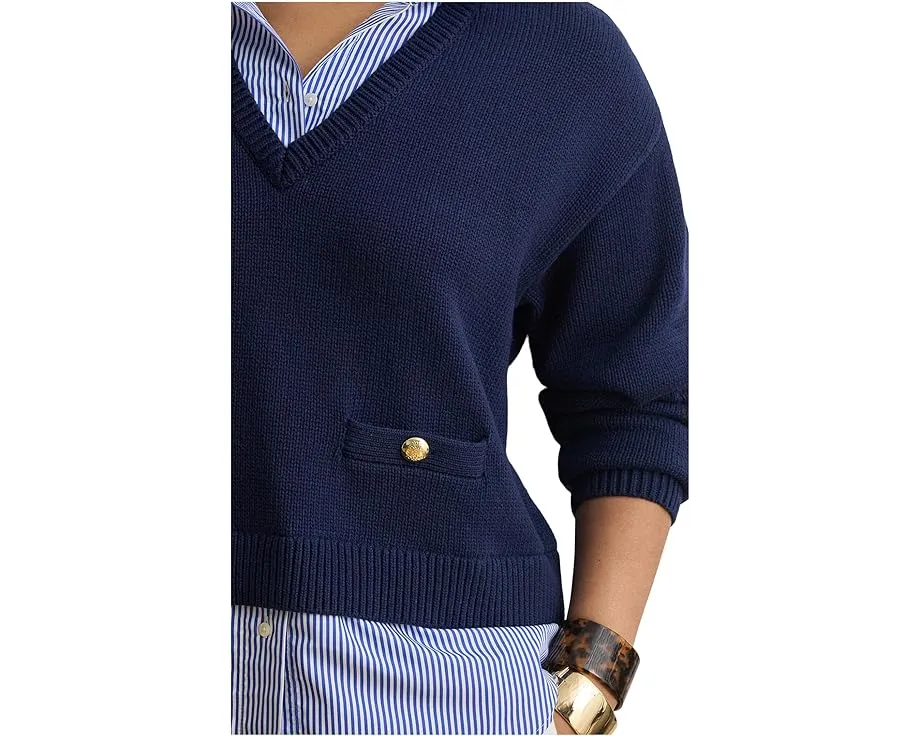 Свитер Plus Size Layered Button-Trim Cotton с воротником в полоску Lauren Ralph Lauren