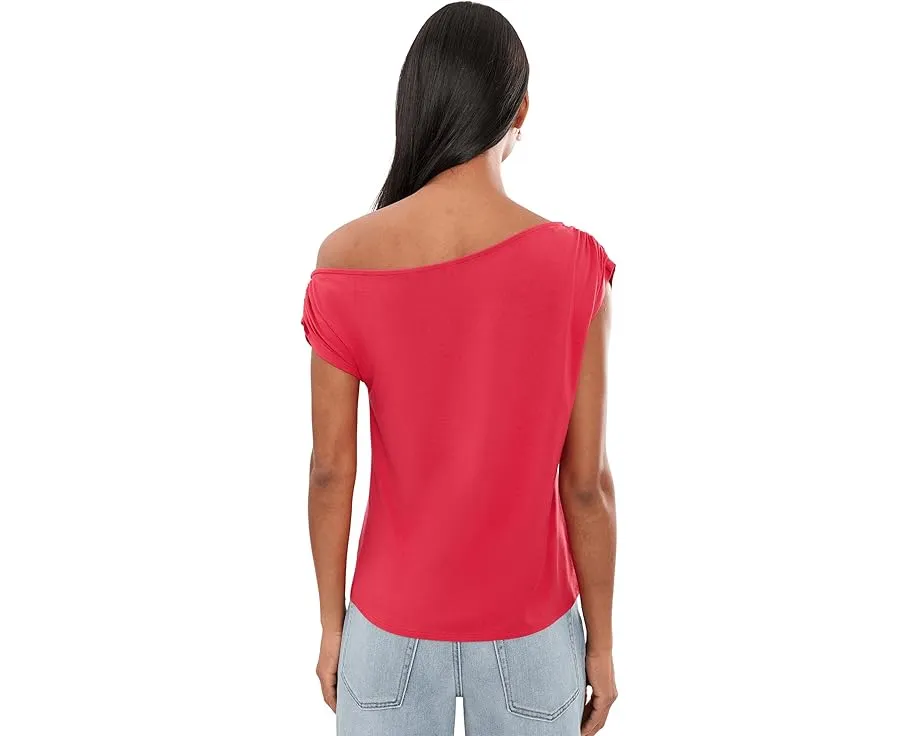 Petite Short Sleeve Asymmetric Off-Shoulder Knit Top