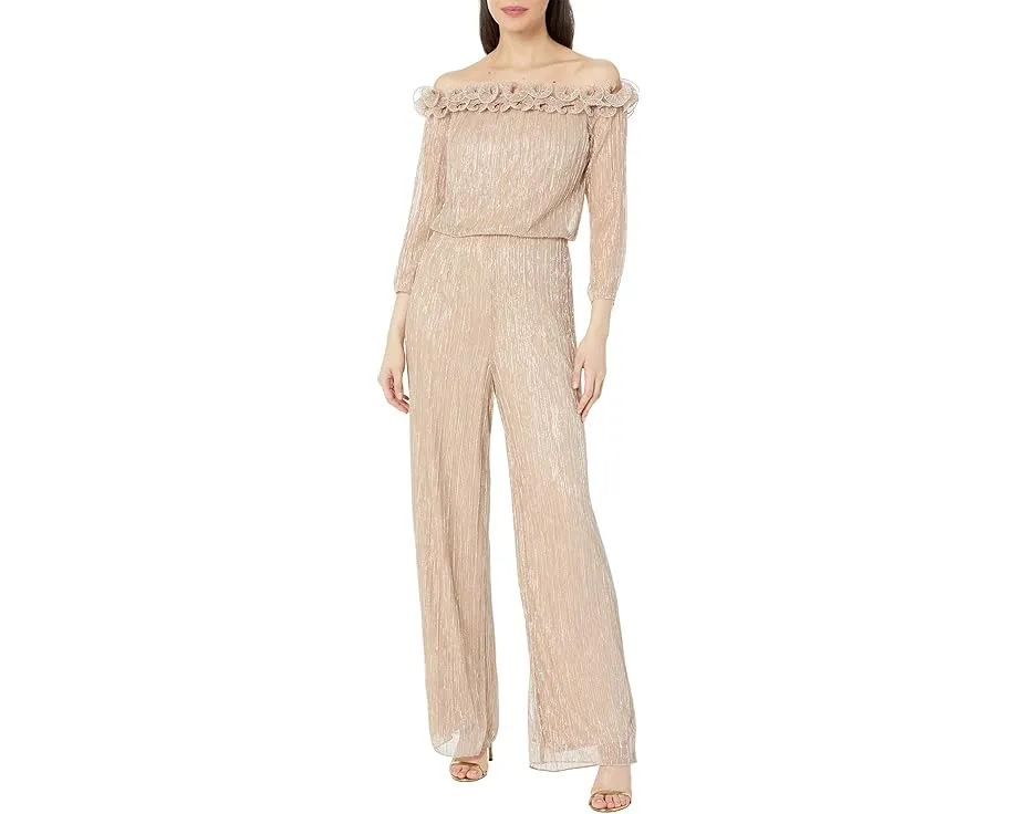Блестящий комбинезон Metallic Rosette с рюшами на плечах и широкими брюками