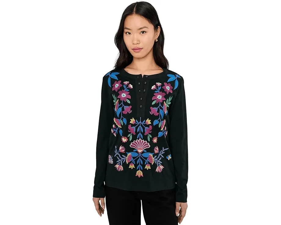 Футболка Johnny Was Mixed Media Henley Elizabeth с вышивкой из хлопка