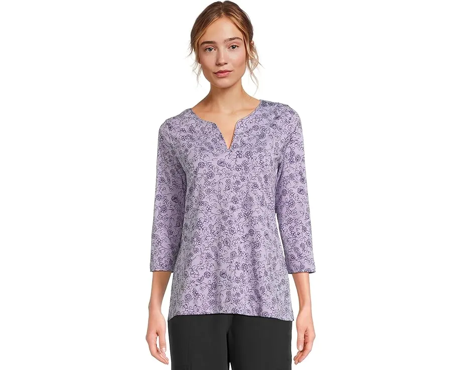 Туника L.L.Bean из супимы с разрезным воротником и рукавом три четверти в цветочный принт