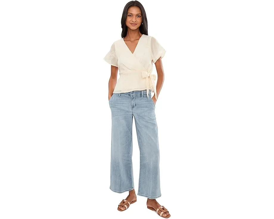 Petite Short Sleeve Wrap Front Woven Top with Tie
