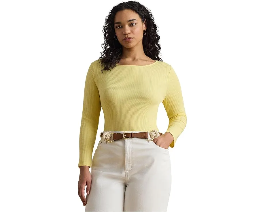 Футболка Lauren Ralph Lauren плюс сайз из хлопкового рибаны с лодочкой и длинным рукавом