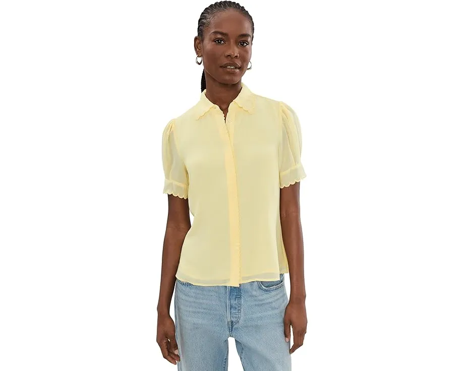 Short Sleeve Scalloped Collar & Cuff Button-Up Blouse
