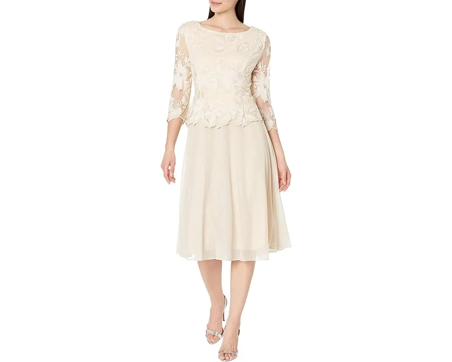 Платье Alex Evenings чайной длины с вышивкой и рукавами иллюзион на пышной юбке с фестончатым краем