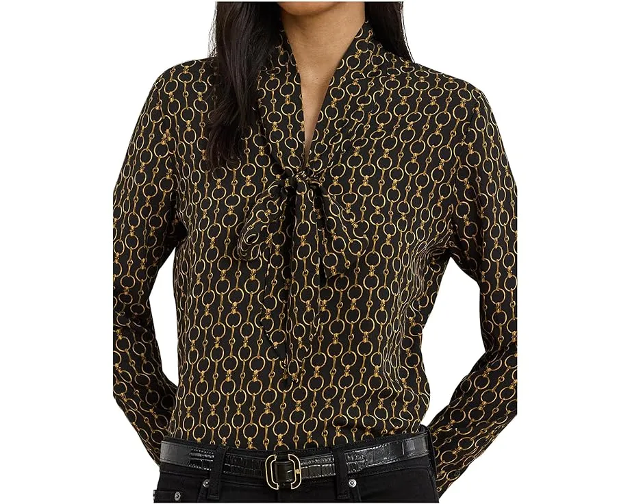 Chain-Print Crepe Tie Neck Blouse