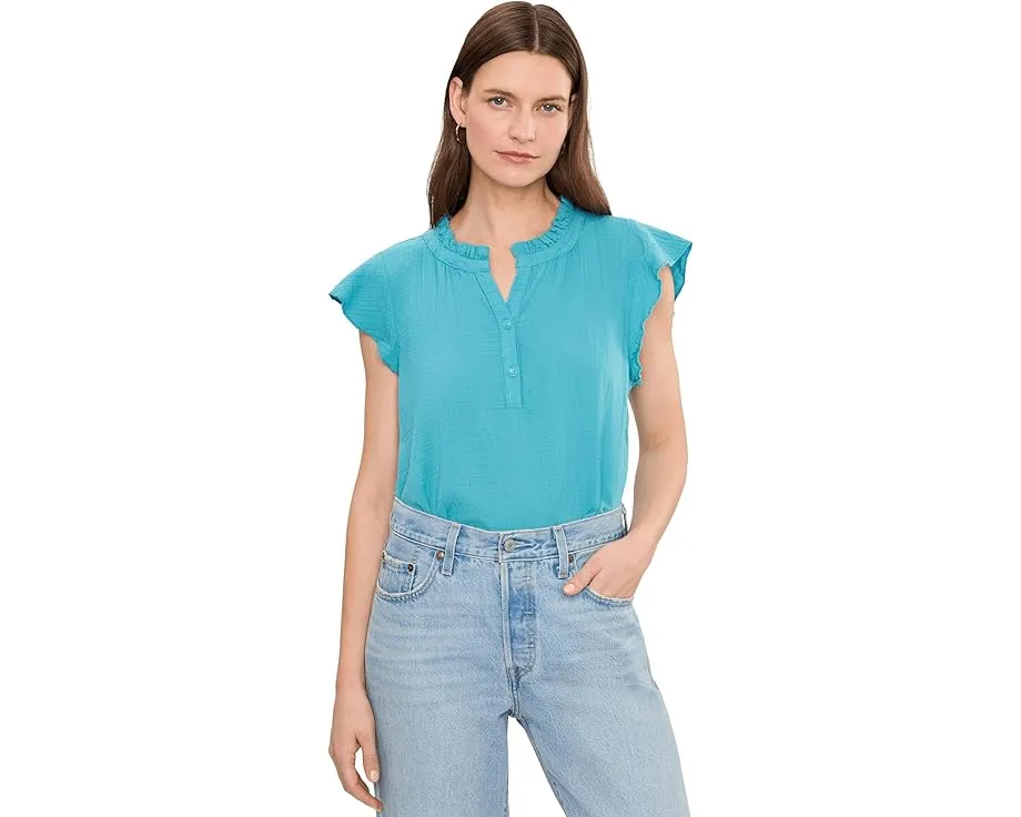 Gauze Flutter Cap Sleeve Ruffle Neck Henley Shirt