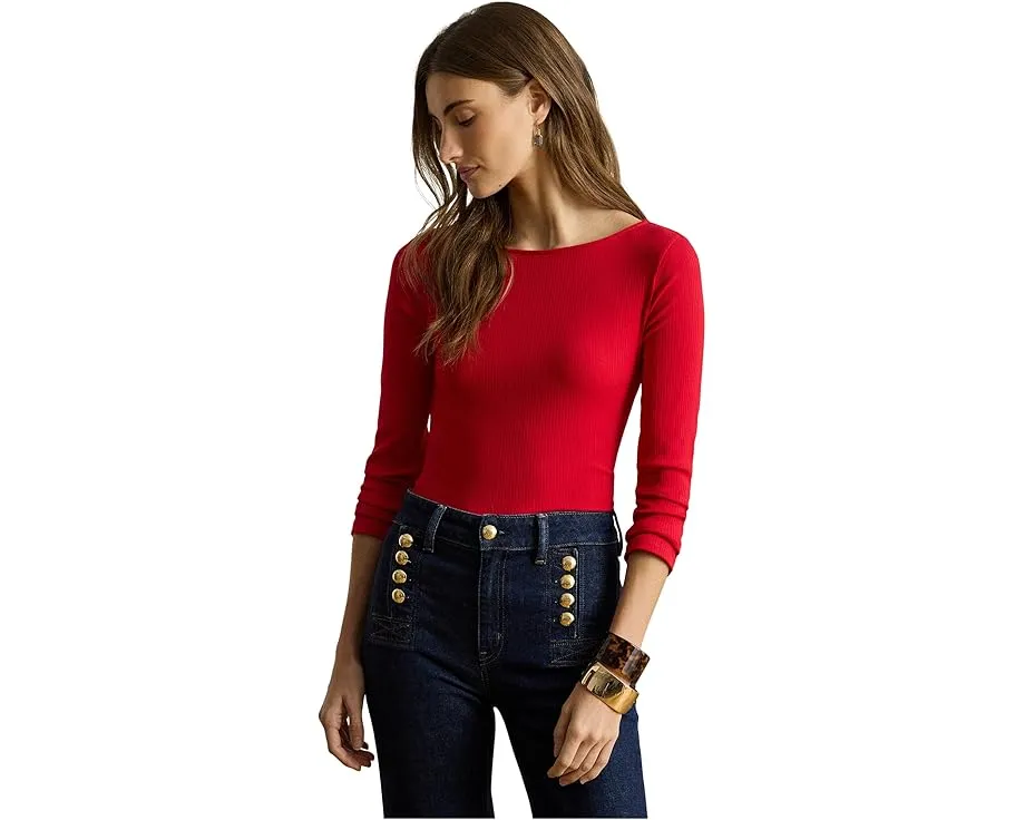 Футболка Lauren Ralph Lauren Petite из хлопкового рибаны с лодочкой и вышитым логотипом