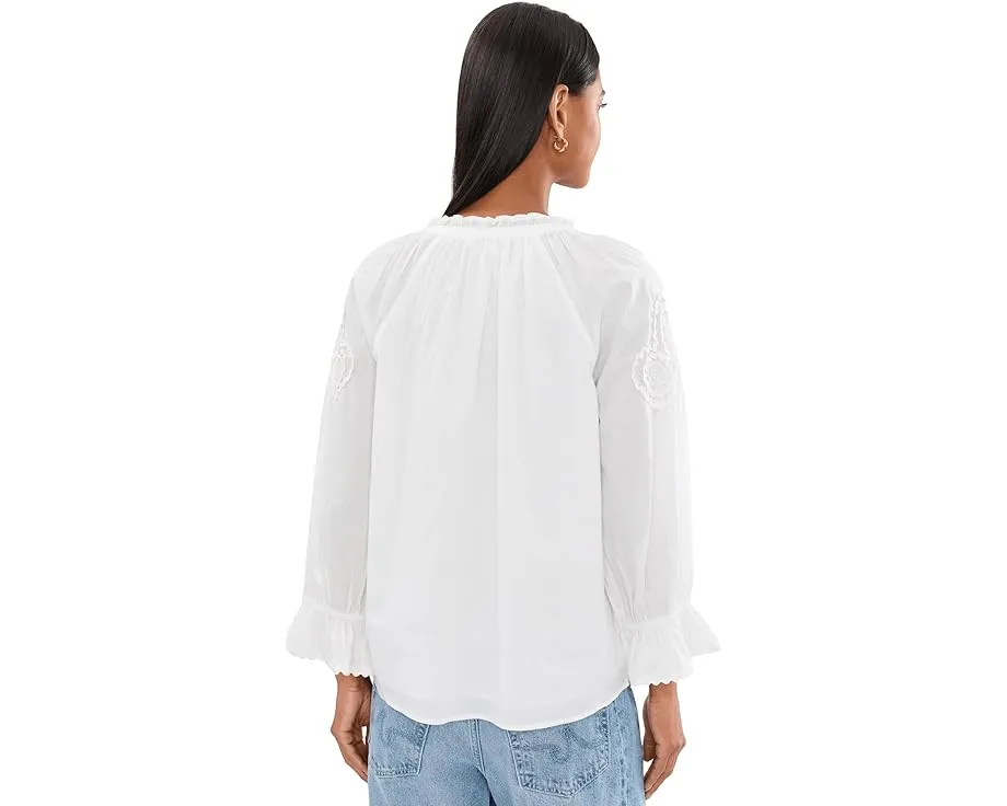 3/4 Sleeve Button Front Woven Top With Embroidery