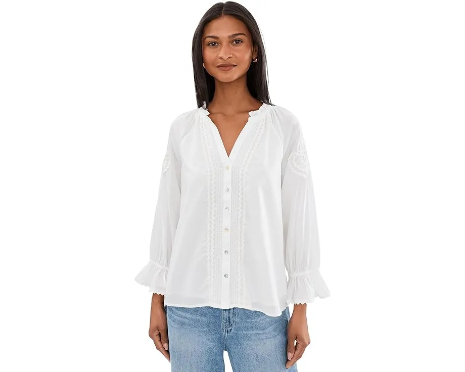 3/4 Sleeve Button Front Woven Top With Embroidery