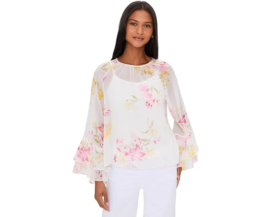 Блуза Vince Camuto с двойными рюшами на рукавах и круглым вырезом