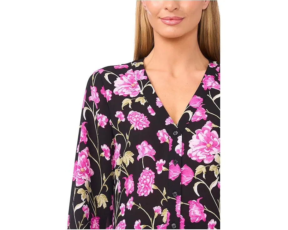 CeCe топ с цветочным принтом на пуговицах и длинными рукавами