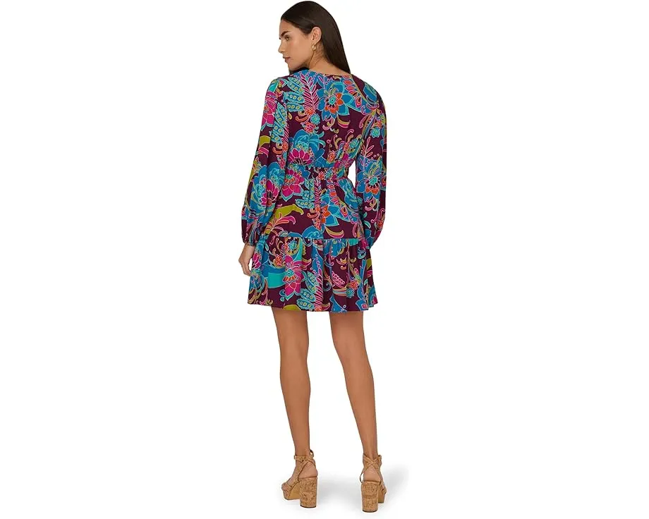 Короткое платье Adrianna Papell Printed Flounce с присборенными рукавами