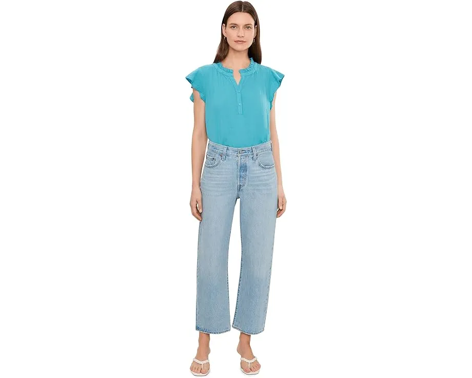 Gauze Flutter Cap Sleeve Ruffle Neck Henley Shirt