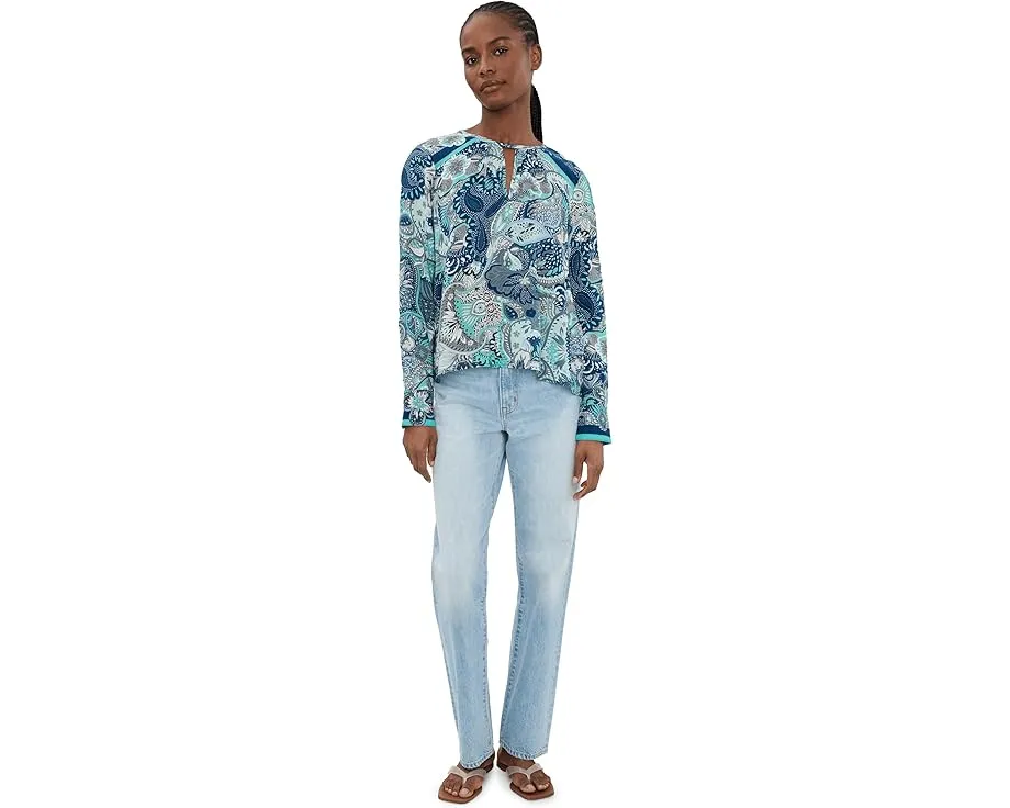Petite Long Sleeve Woven Top w/ Keyhole Neckline