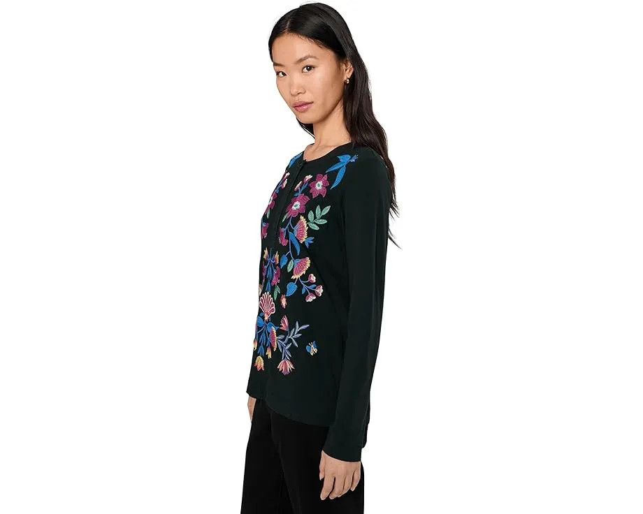 Футболка Johnny Was Mixed Media Henley Elizabeth с вышивкой из хлопка