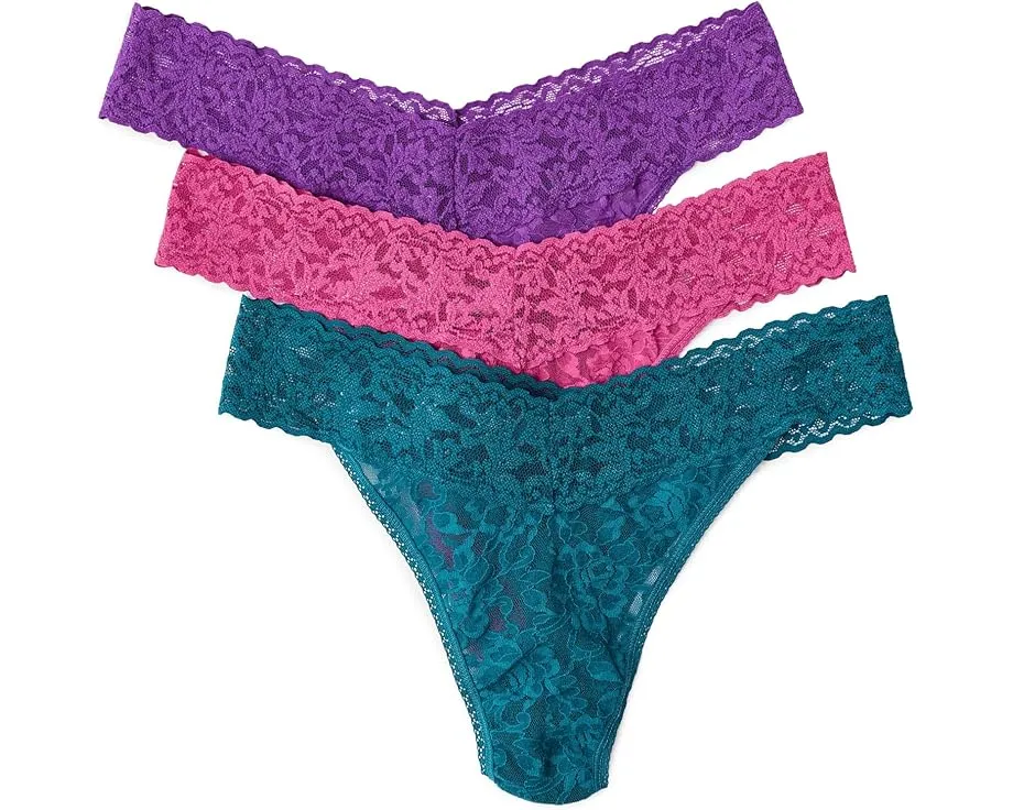 Синий набор стрингов Signature Lace Original Rise Thongs 3 Pack Hanky Panky