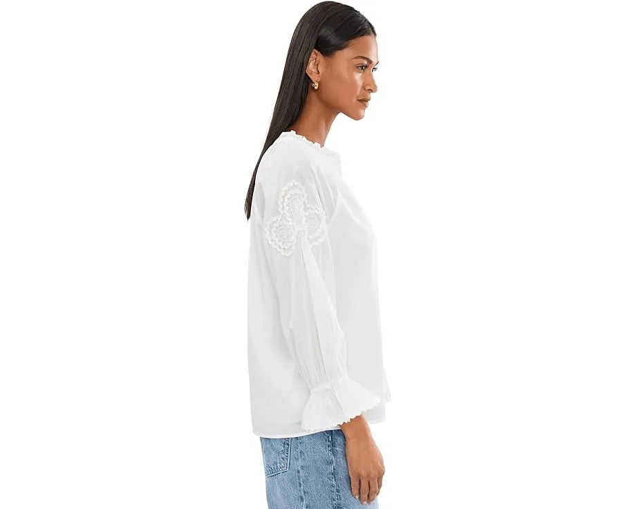 3/4 Sleeve Button Front Woven Top With Embroidery