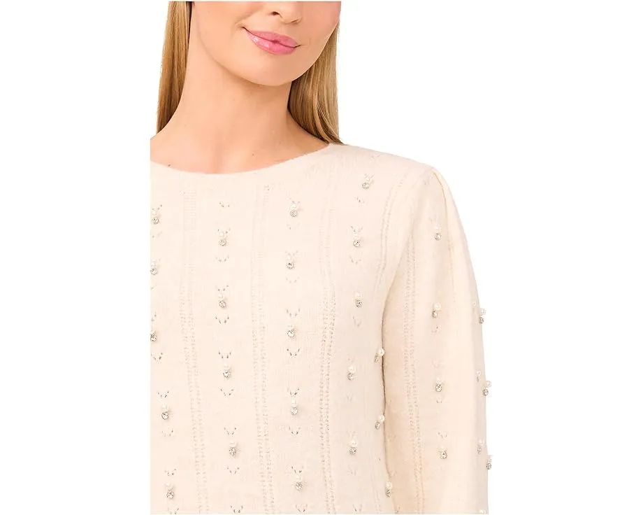 Свитер CeCe с ажурной вязкой и жемчужным декором