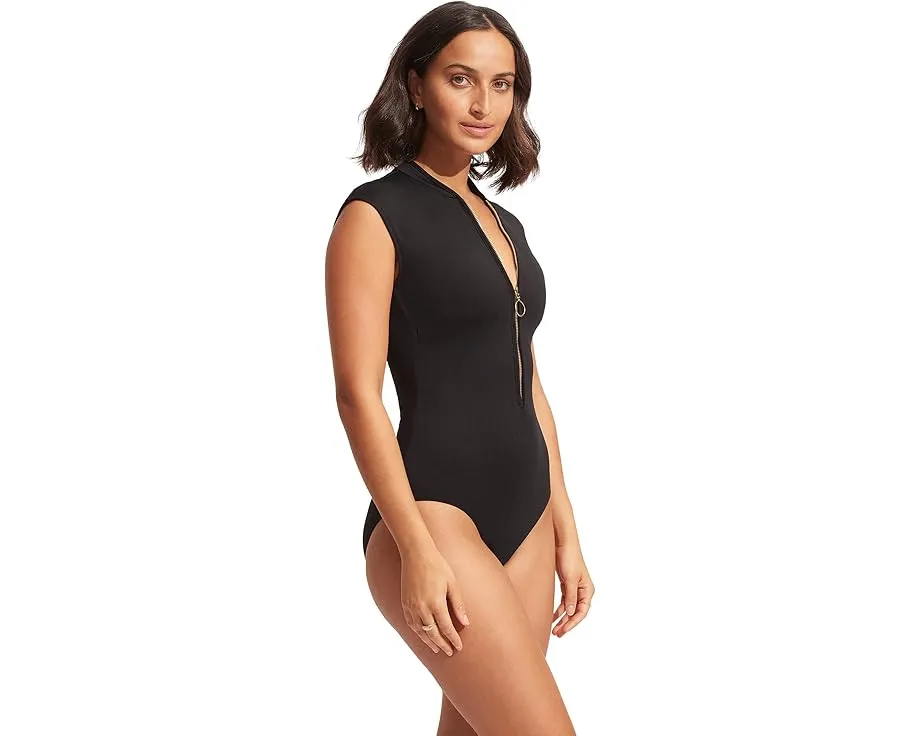 Цельный купальник Seafolly Collective с застежкой-молнией спереди и рукавами реглан