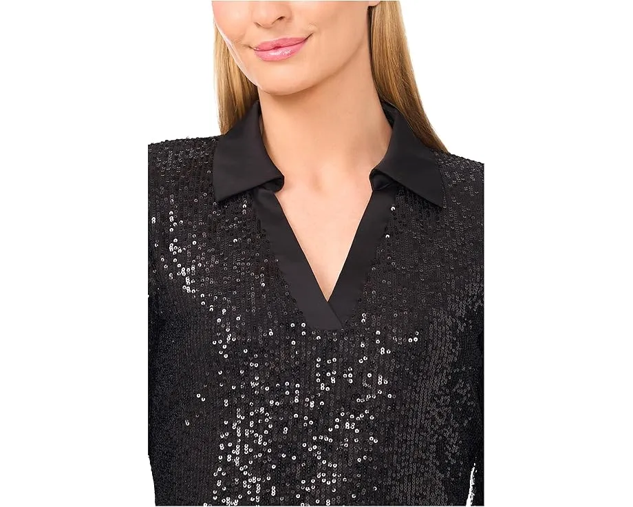 Топ CeCe с длинным рукавом в поло с пайетками