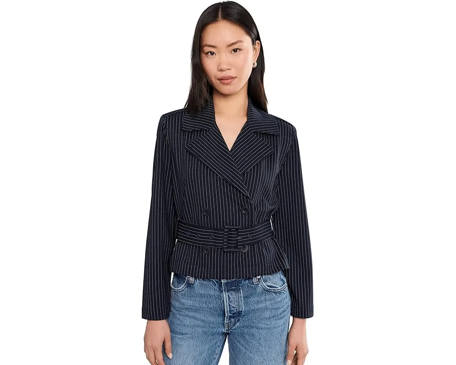 Petite Cropped Pinstripe Trench Jacket With Belt