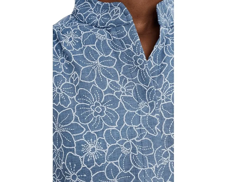 Блузка CeCe из шамбре с коротким рукавом и потайной планкой