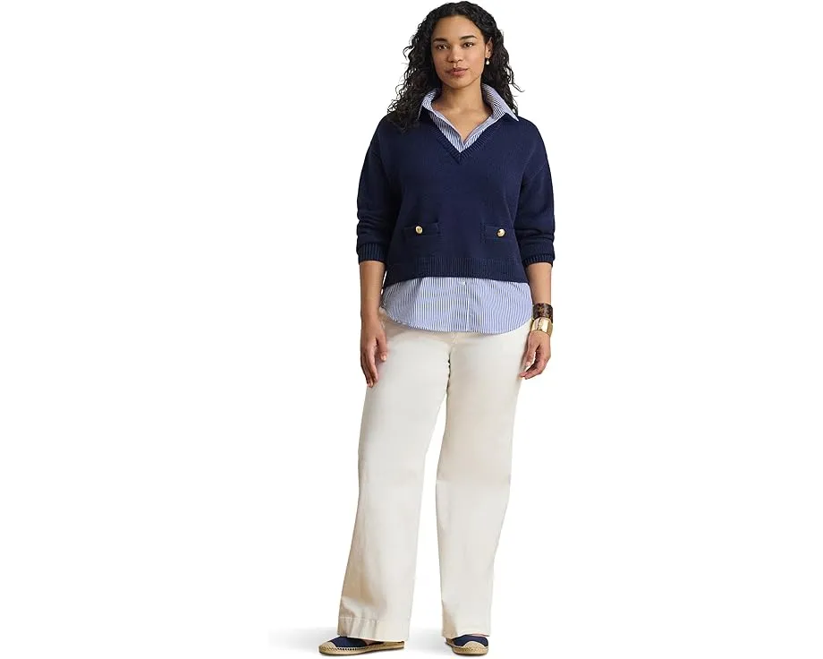 Свитер Plus Size Layered Button-Trim Cotton с воротником в полоску Lauren Ralph Lauren