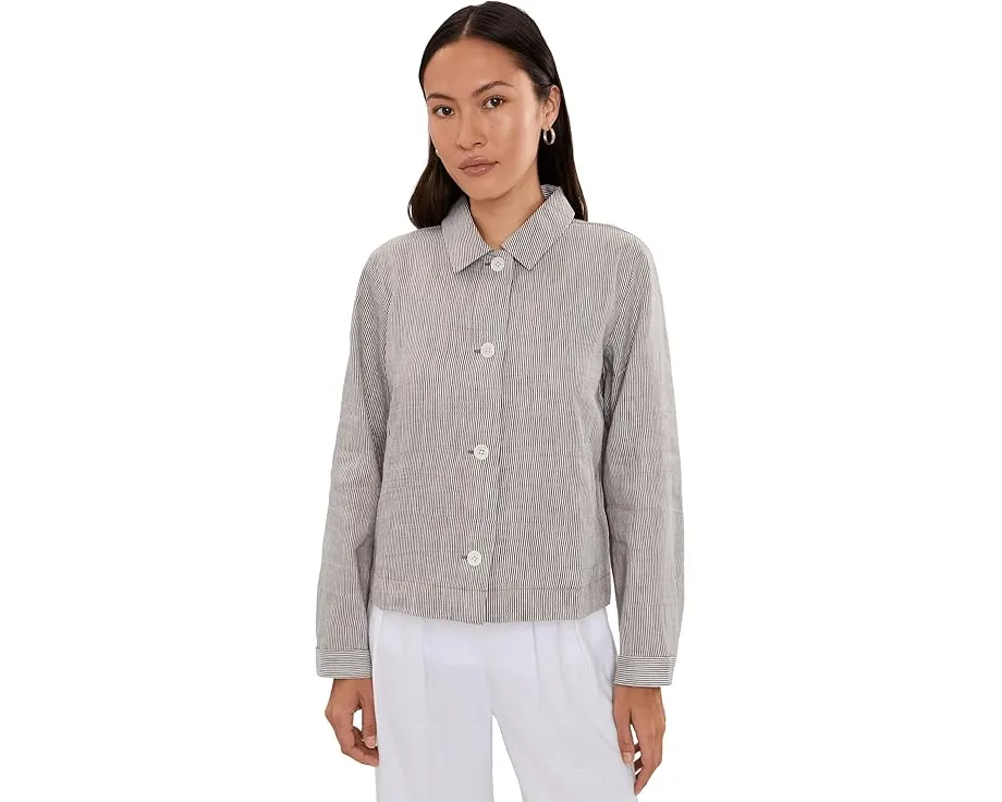 Жакет Petite из полосатого органического льна с классическим воротником Eileen Fisher