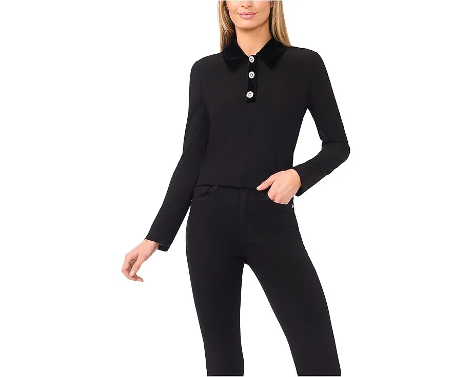 Топ CeCe с воротником и планкой на половину пуговиц из смесовых материалов