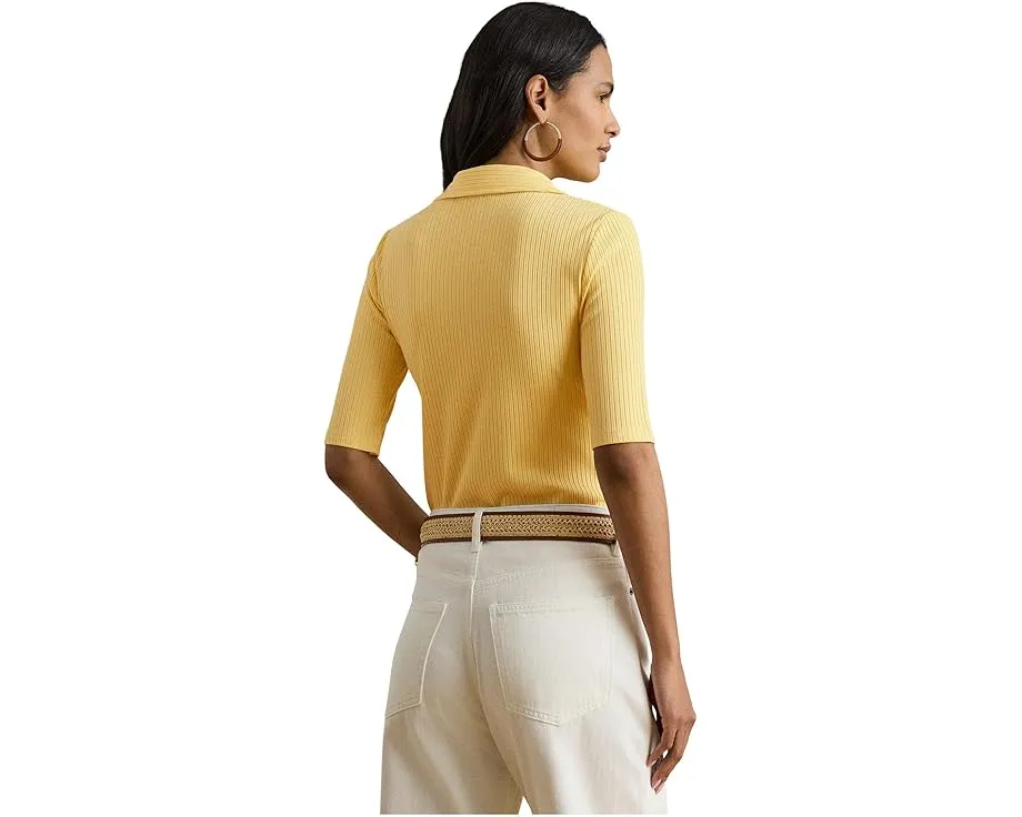 Rib-Knit Elbow-Sleeve Polo Tee