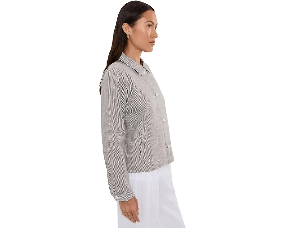 Жакет Petite из полосатого органического льна с классическим воротником Eileen Fisher