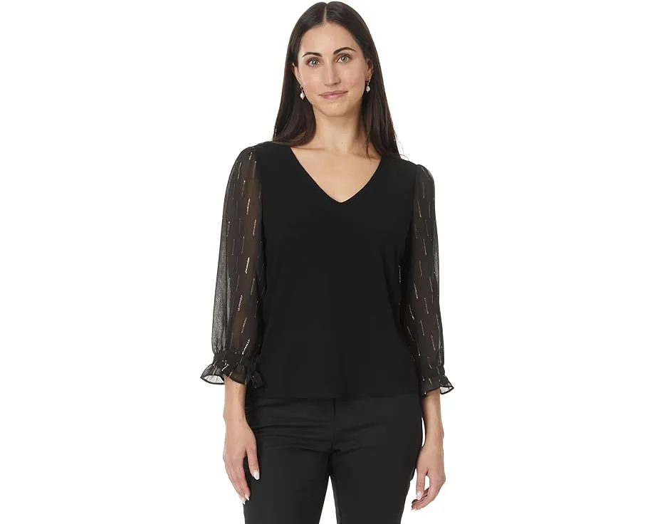 Топ CeCe с 3/4 рукавом из смешанных материалов и V-образным вырезом