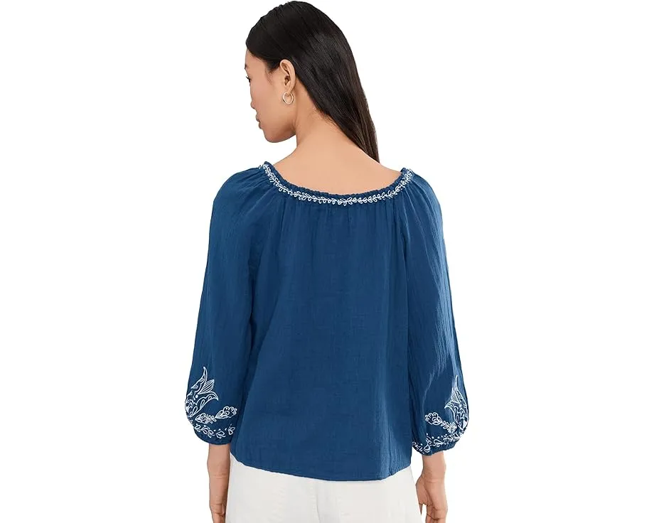 Petite 3/4 Sleeve Woven Top with Embroidery