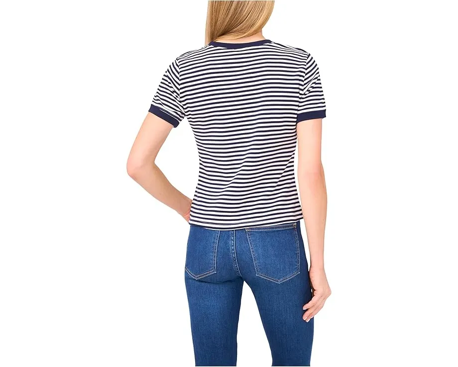 Полосатый укороченный топ с пуговицей-гербом на воротнике CeCe