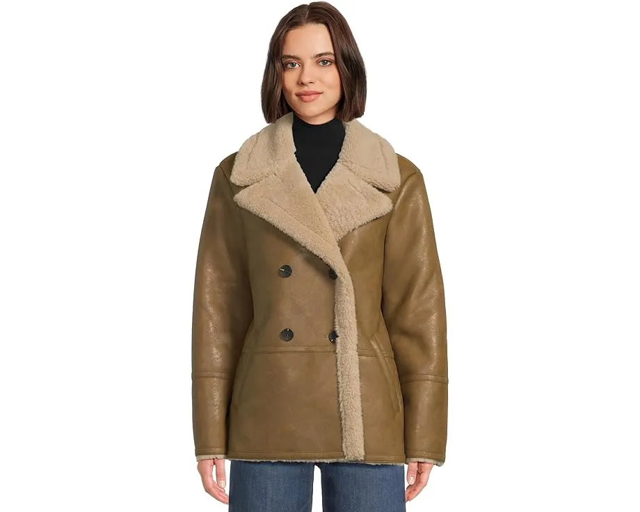 Двубортное пальто Avec Les Filles с отделкой под искусственную овчину